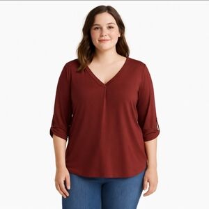 Kaari Blue Burgundy Vneck Rolltab Sleeve Top Womens Sz Small